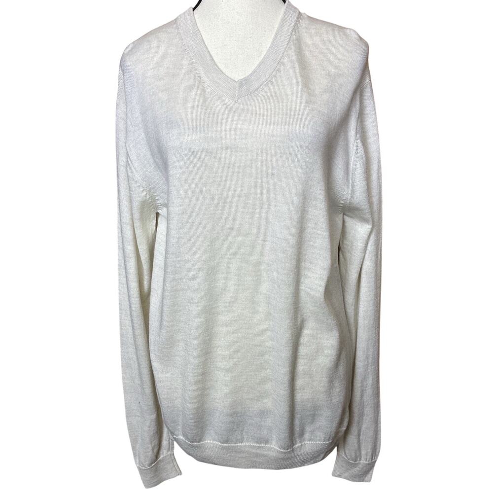 Turnberry Sz M 100% Extra Fine Merino Wool LS V Neck Ivory Oatmeal Sweater